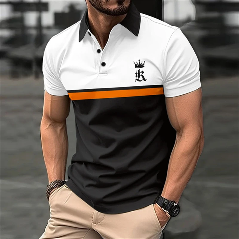 

Funny 3D Letter Stripe Print Polo T Shirt For Men Fashion Lapel Button Tops Business Casual Short Sleeve T-Shirts Golf Clothing
