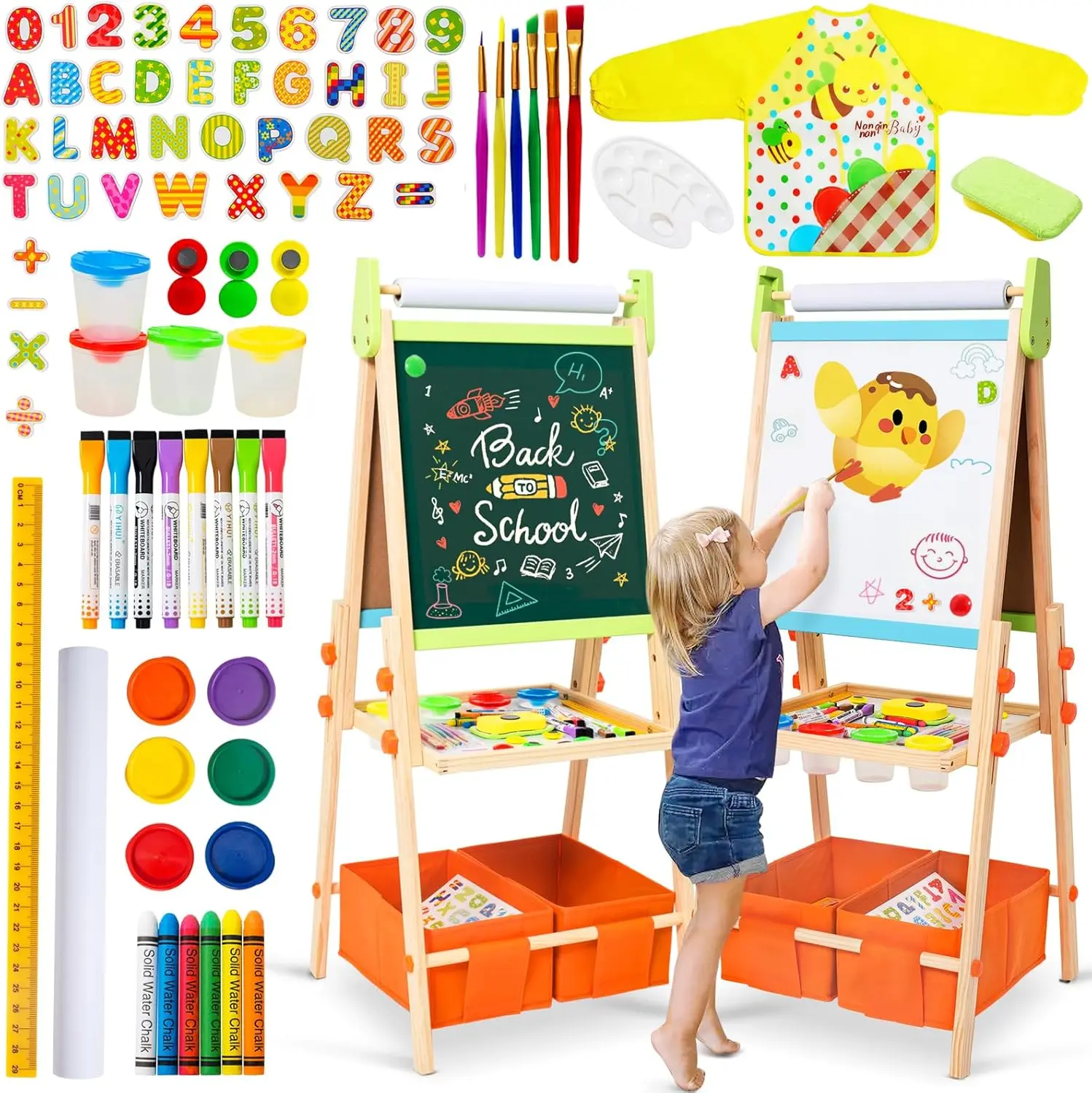 

Double Sided Wooden Easel for Kids 3-8 with 100+ Accessories, Magnetic Chalkboard & Painting Board, Adjustable Height