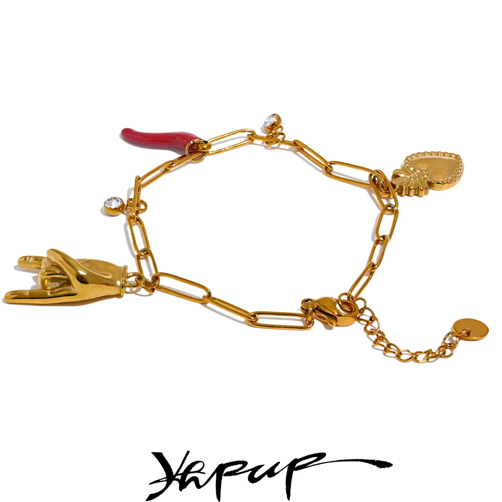 Yhpup-pulsera de cadena de corazón de chile rojo de Palma de acero inoxidable para mujer, brazalete elegante y único, joyería de Metal a la moda, resistente al agua