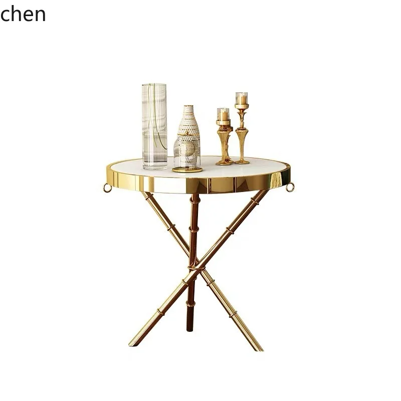 ZMLTitanium Marble Side Table with Rock Slab and Three Inclined Tubes Small Tea Table