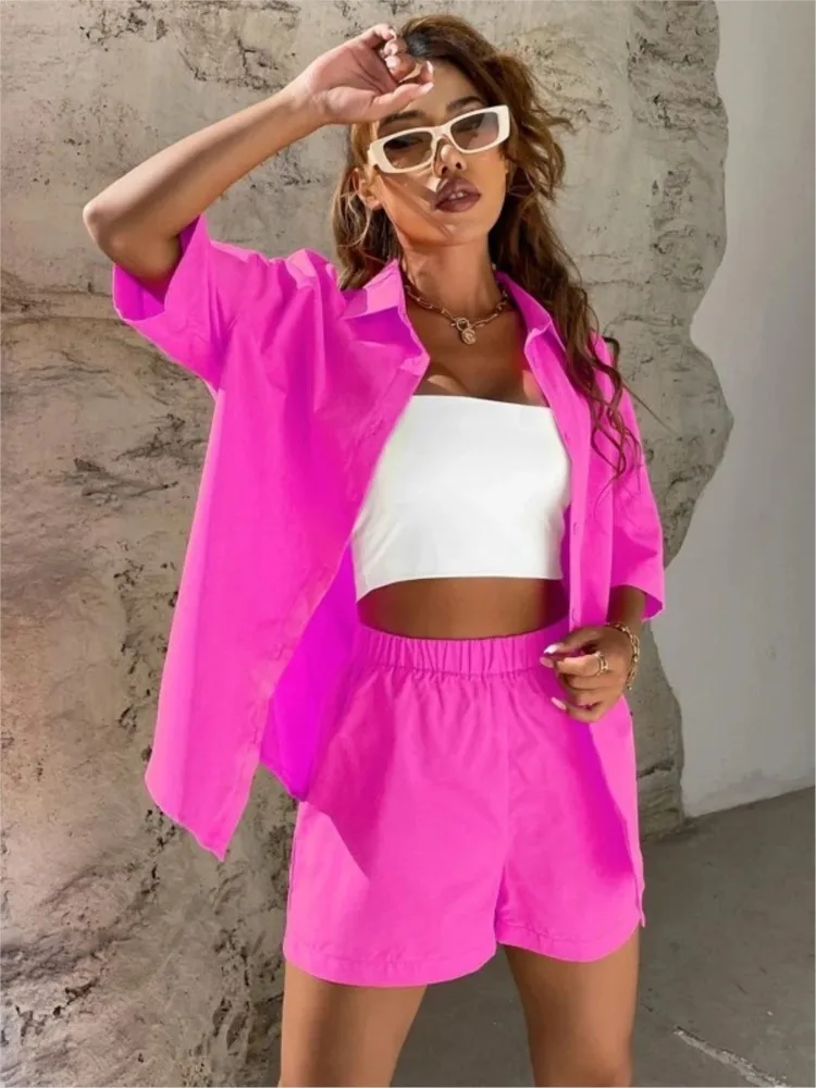 Summer 2 Piece Set Women Short Sleeve Solid Color Buttons Shirt +loose Shorts Suit New 2024 Fashion Sports Lady Casual Sets