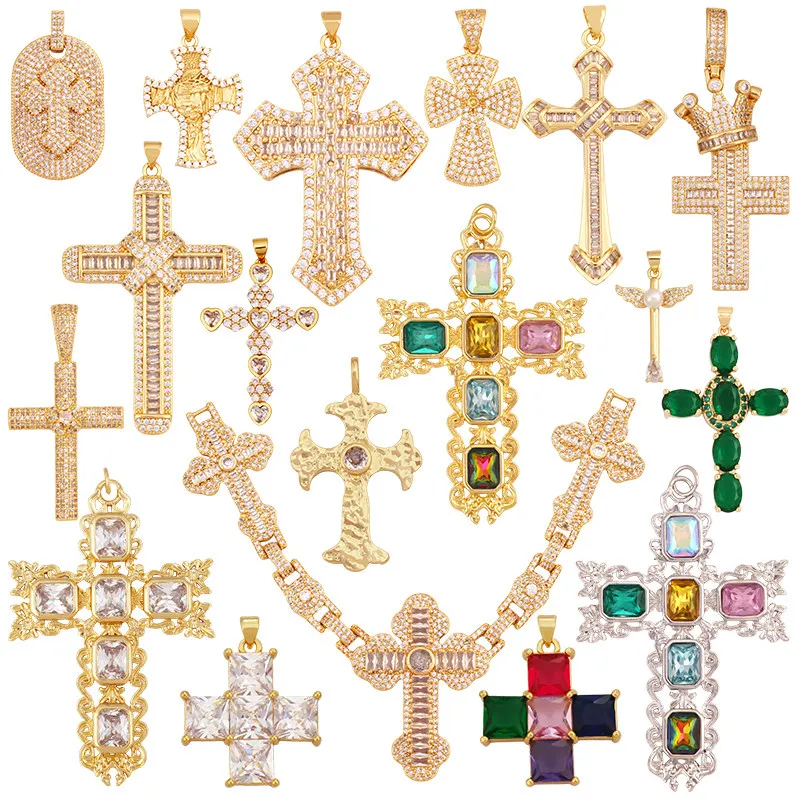 Religious Cross Charm Focal Pendant,Colourful Full Cubic Zirconia Real 18K Gold Plated Jewelry Necklace Accessories Supply M12
