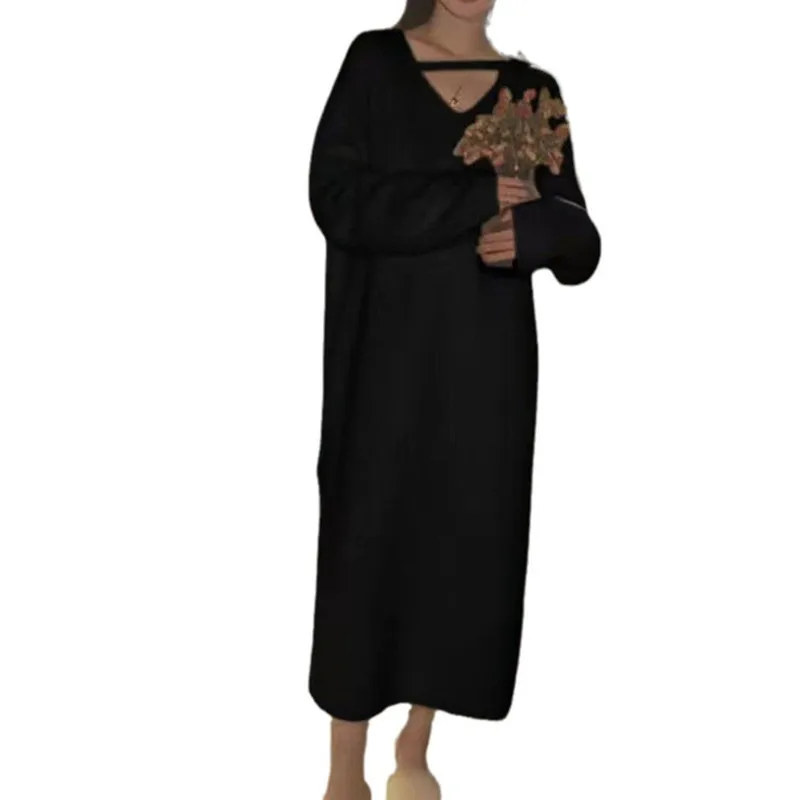 Artificial Mink Fleece Knitted Long Dresses Women Autumn Winter New Casual V-neck Loose Sweater Dress Simple All-match Vestidos
