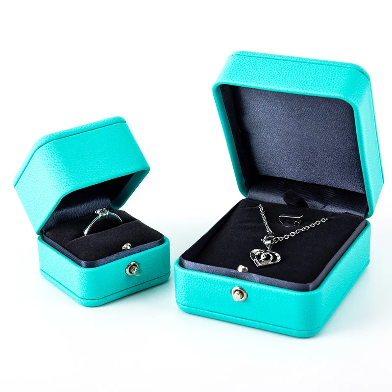 Luxury Romantic T Blue Leather Jewelry Gift Box Ring Box Necklace Box Ring Packaging Storage Ring Organizer for Wedding Propose