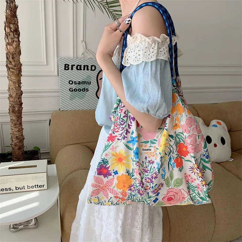 Hanfeng summer large-capacity hand carry shoulder bag drawstring shopping bag fresh floral tote underarm bag