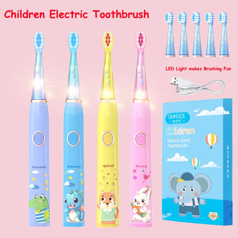 Kids Sonic Electric Toothbrush Child Cartoon with Colorful LED Light IPX7 Waterproof 2 mins Smart Timer Rechargeable Toothbrush