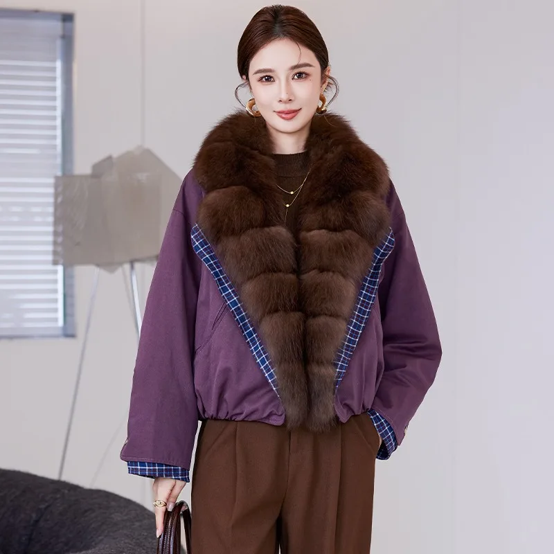 Piumino corto da donna 2025 abbigliamento invernale nuovo collo in pelliccia di volpe rimovibile piumino in pelliccia d'oca Haining