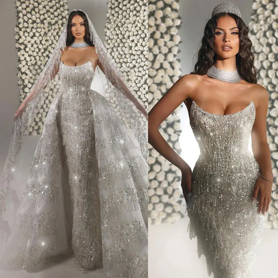 Silver Beads Deep V-neck Pleats Mermaid Sparkle Wedding Dresses