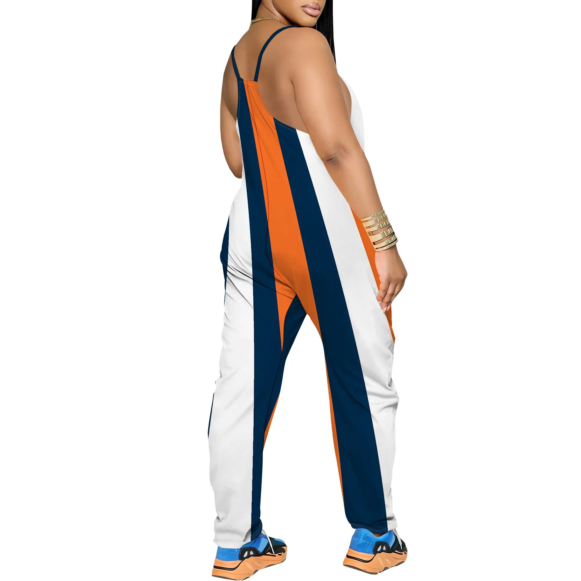 Striped Color Block Jumpsuit for Women Sleeveless Casual Loose Fit Wide Leg Spaghetti Strap