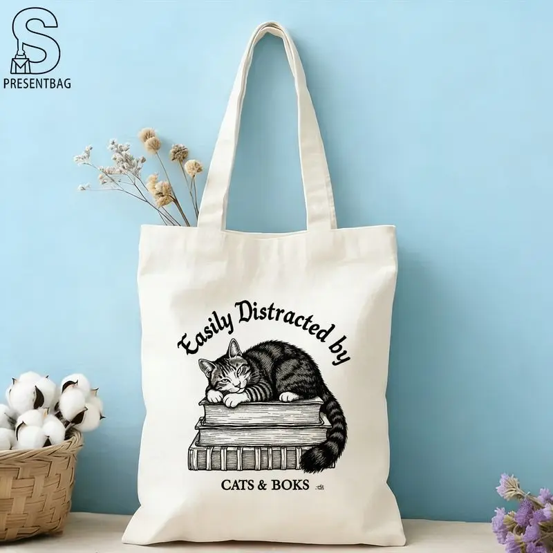 1pc, Black and White Hand-Painted Style Sleepy Calico Cat Print Canvas Bag, Vintage English Slogan & Tote Bag, Simple Single-Sho