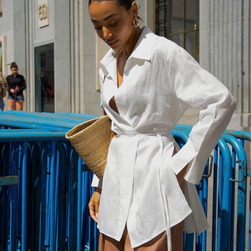 Temperament Type Long Sleeve White Shirts For Women 2025 Spring Autumn Lapel Loose Hem Split Long Shirt Casual Tops With Belted
