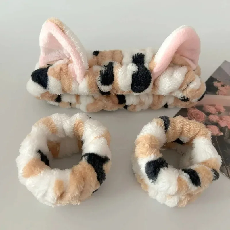 3Pcs Set Adult Cute Cat Ear Leopard Print Plush Headband, Elastic Wrist Strap for Spa Washing Face Makeup for Women Girls