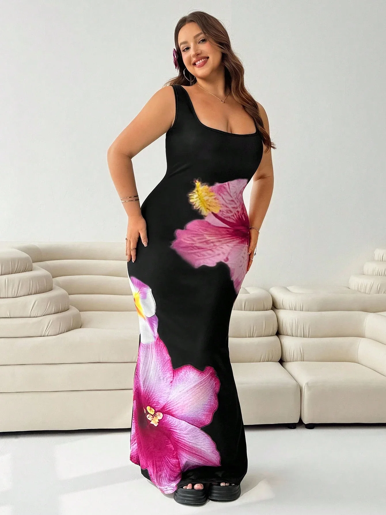 

Square Neck Sleeveless Floral Print Plus Size Maxi Dress