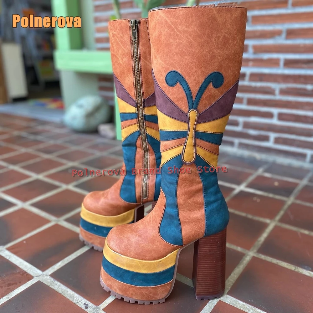 

Сапоги до колена на платформе-бабочке, сапоги до колена с круглым носком и блочным каблуком, разноцветные сапоги до колена, женская обувь в уличном стиле в стиле ретро в стиле пэчворк