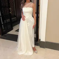 Meetlove Customized White Crystal Tulle Prom Dresses sheath One-the-shoulder Ankle Length Satin Simple Party Gowns for Women