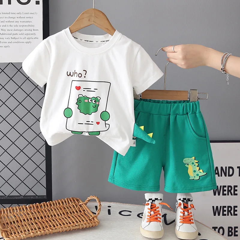

Boys' Summer Short Sleeved Set 2026 New Baby Boy Clothes 1-5T Casual Dinosaur Tail T-shirts Tops and Shorts Children's Clothing