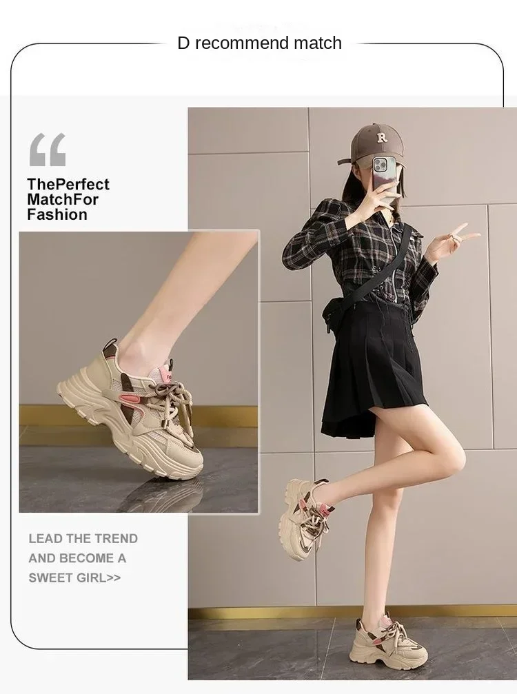 Modische Damen-Dad-Schuhe mit Leder-Obermaterial, Dicker Sohle, Lässige Sportschuhe, Frühling-Herbst Neuer Stil, Atmungsaktiv und Leicht – Detail 3