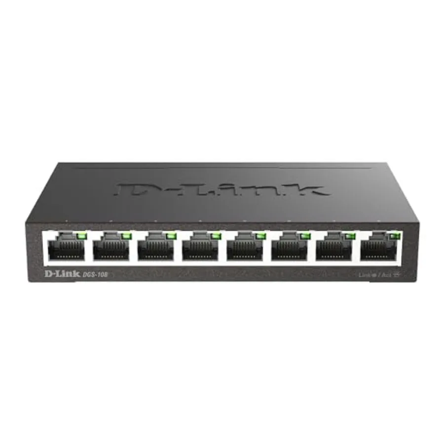 

DGS-108, 8-портовый неуправляемый гигабитный Ethernet-коммутатор, сетевой разветвитель, бесшумный безвентиляторный, сетевой хаб, прочный металлический корпус с экранированными портами PoE