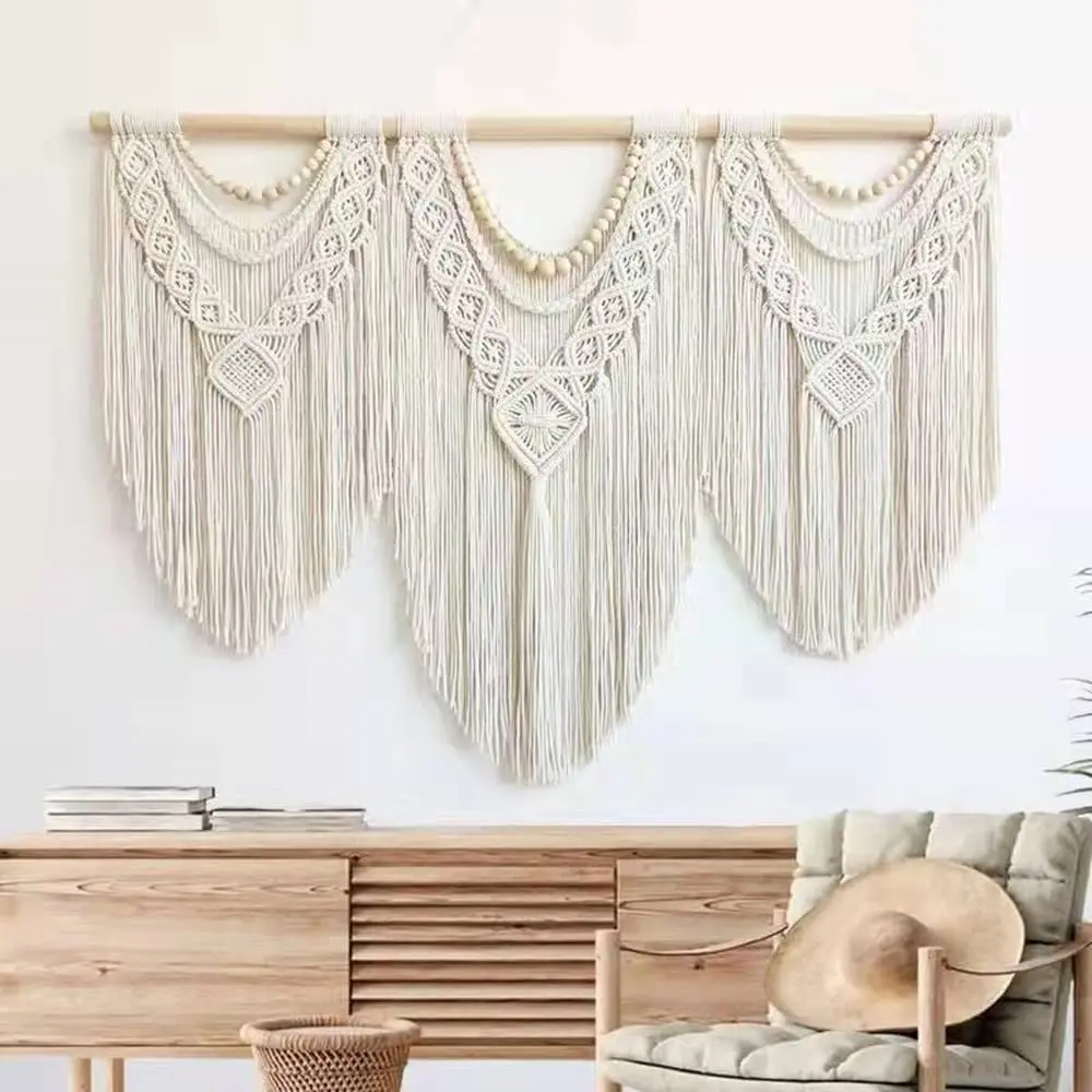 Large Macrame Wall Hanging Tapestry with Wooden Stick Hand-Woven Bohemia Tassel Curtain Tapestry Wedding Backgrou Boho Decor