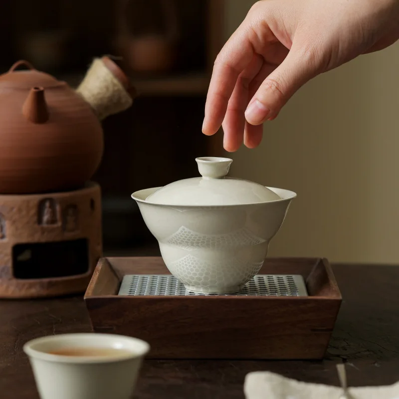 

Ceramic Grass Ash Folded Waist Two-Talent Covered Bowl Chinese High-End Tea Brewing Bowl Kung Fu Tea Set Tea Bowl