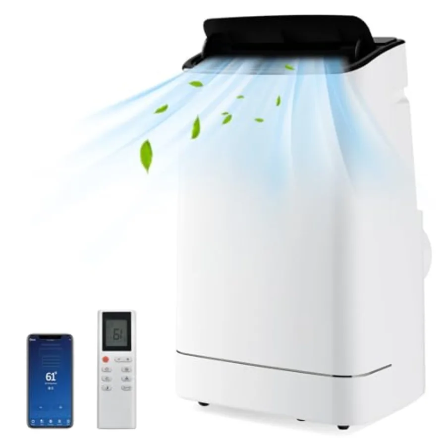 

Portable air conditioner with heat for bedroom or home office, 15000 BTU, up to 800 sq.ft., white plastic unit with auto swing,
