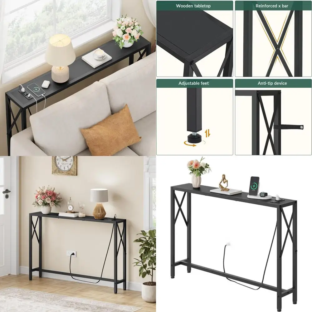 

Узкий консольный столик Slim 41.7, современный тонкий дизайн для размещения за диваном, идеально подходит для прихожих и гостиных, черный