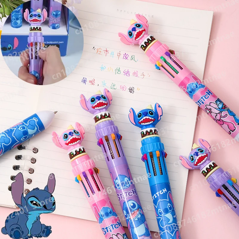 Disney Cartoon Ballpoint Pen Blue Stitch Ten-color Marker Students Multifunctional Color Marker Creative Stationery Kids Gifts