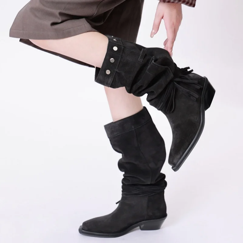 Women's Mid Calf Boots Pointed Toe Crude Heel Suede Female Boots Fringe Tassel Tie Metal Rivet Vintage Cowboy Cool Ladies Shoes
