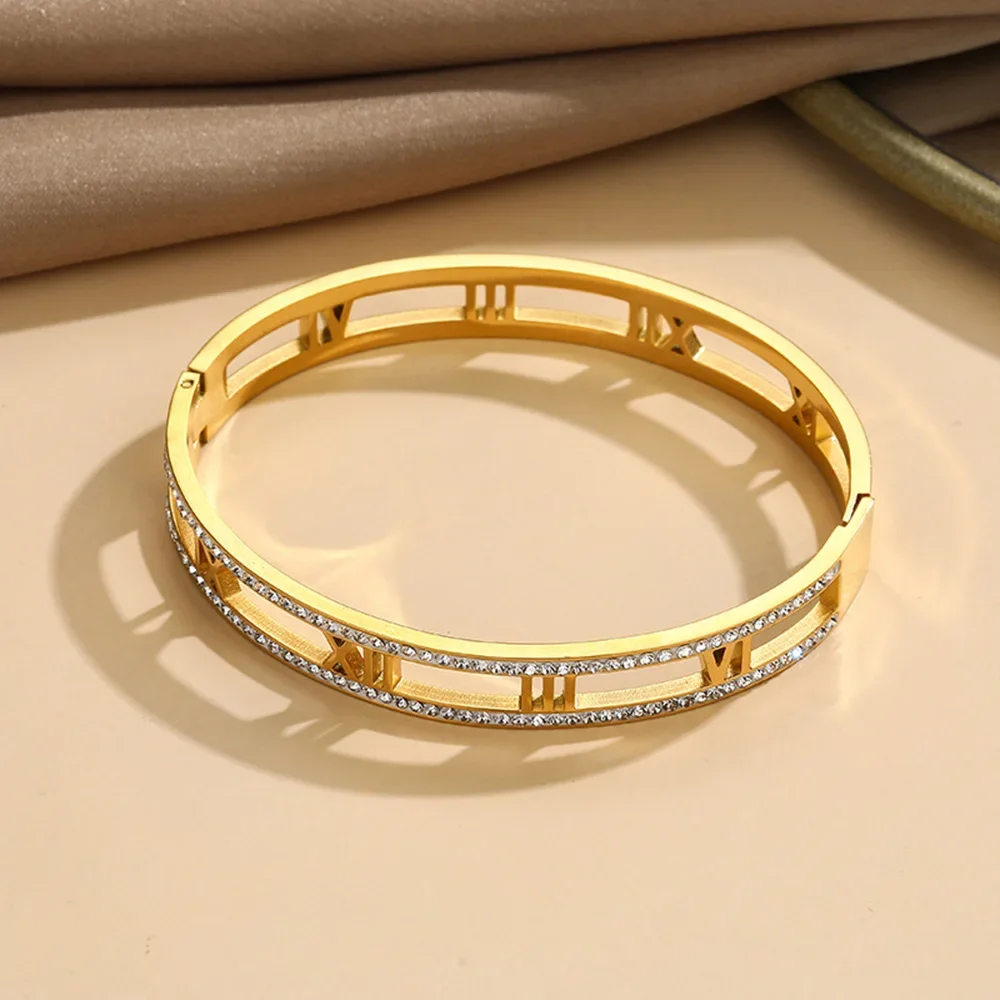 Luxe Kristal Holle Romeinse Cijfer Armbanden Voor Vrouwen Mannen Rvs Unisex Bangle Mode Klassieke Sieraden Accessoires