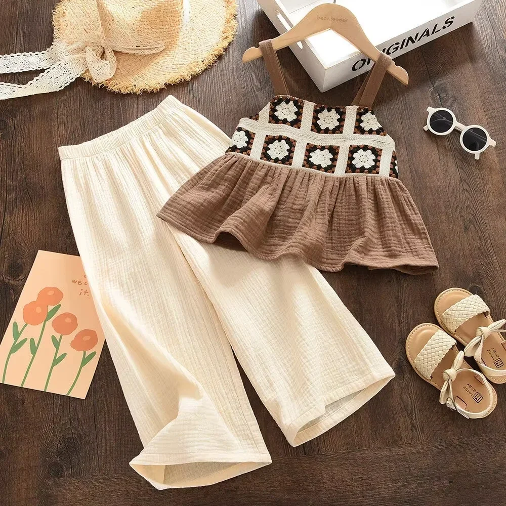 Brauner Anzug für Mädchen, Sommer, Retro-Druck, kariertes Leibchen, Oberteil + beige Hose, schönes zweiteiliges Set, Freizeitkleidung für 3–7 Jahre alte Kinder