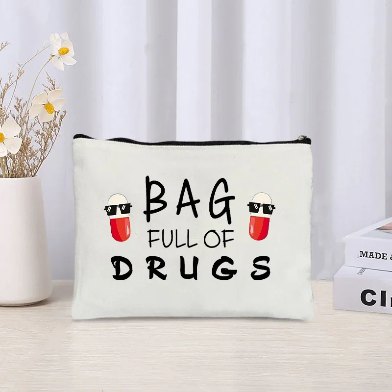 Drugs Print Makeup Bag Organizer Zipper Medicine Pouch Travel Sundries Office Supplies Storage Pencil Case Fun Gift Canvas Bags