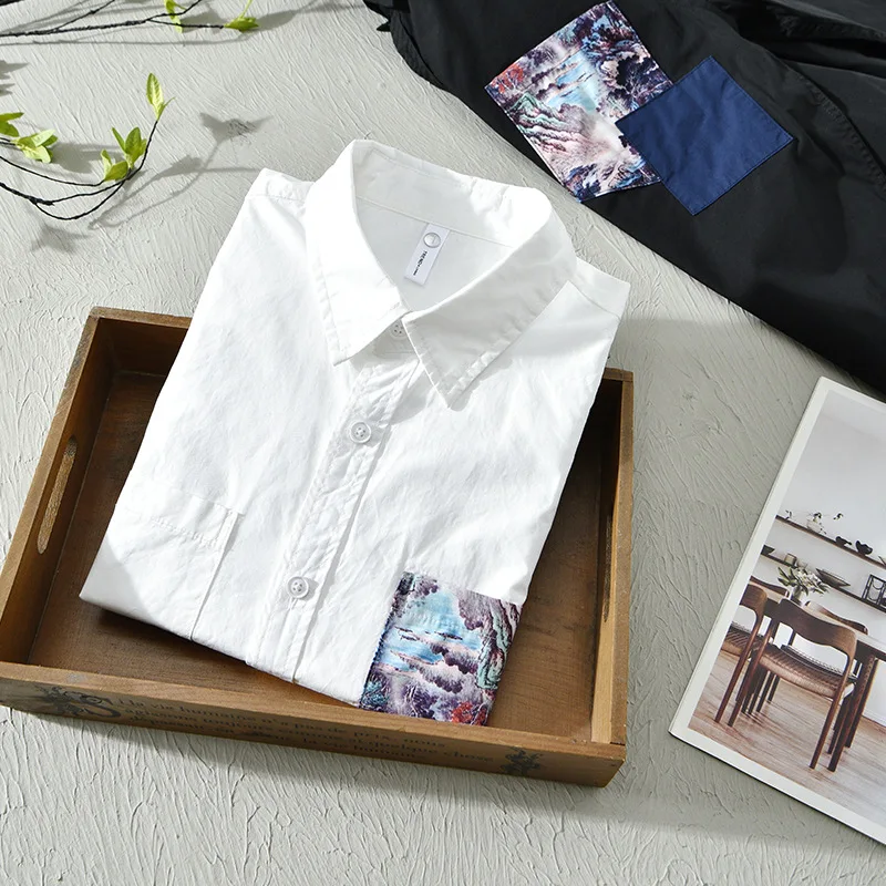 Spring Summer Long Sleeve White Shirt Men Daily Casual Pure Cotton Man Shirts Pocket Patchwork Design Shirt Soft Comfortable Top