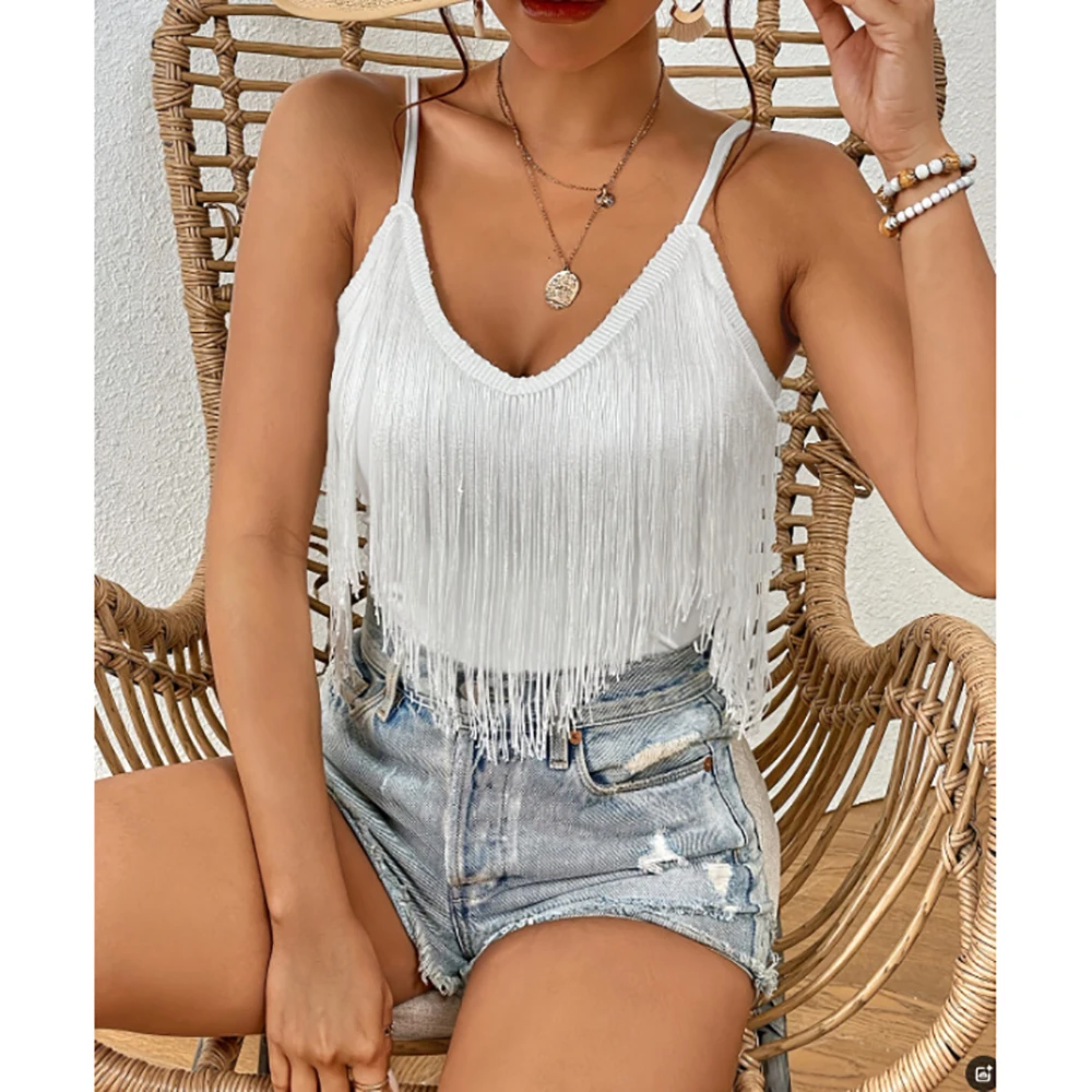 Vintage Western Fringe Spaghetti Strap Crop Top For Women Summer Slim Fit Tassel Vest Tees Camisole For Country Concert Festival