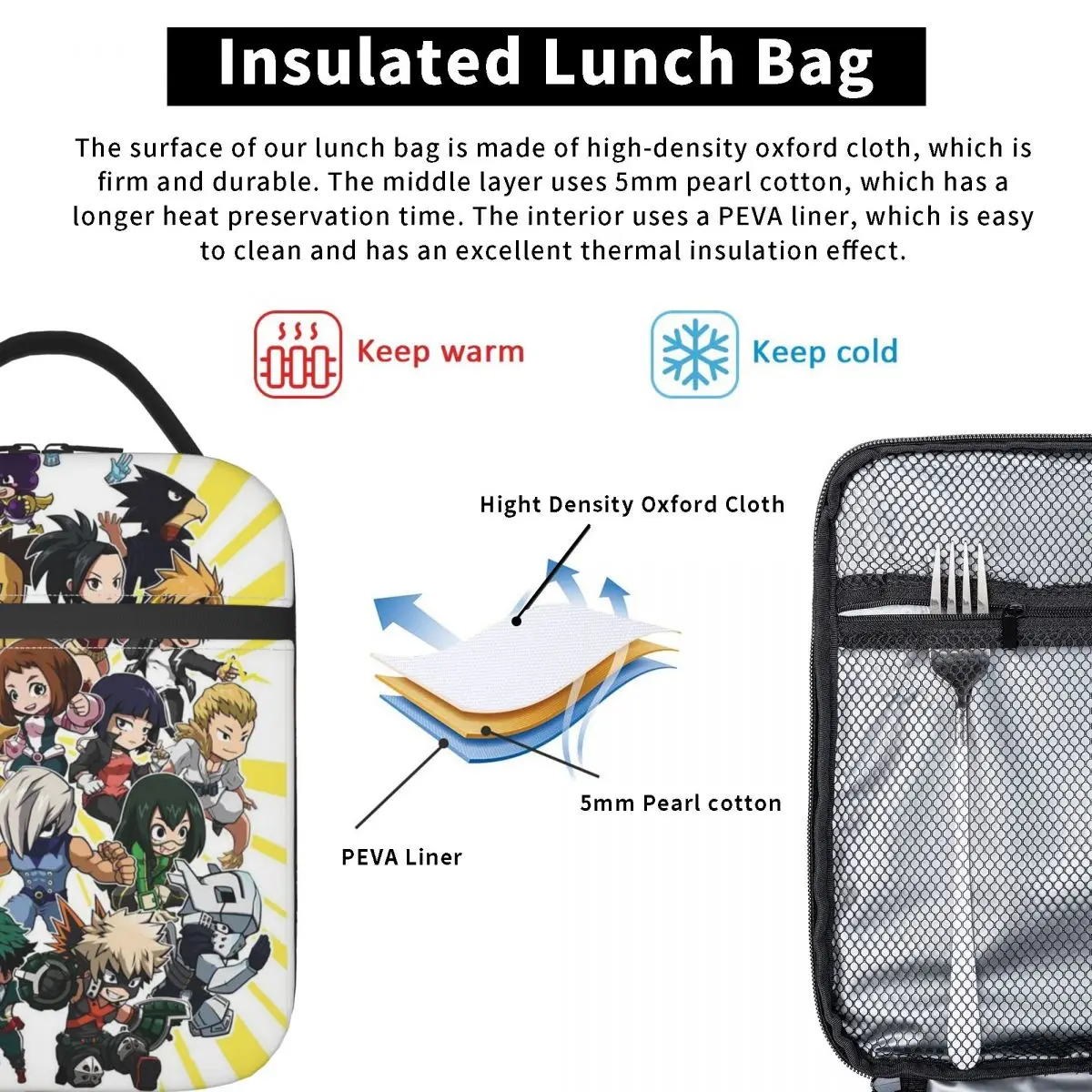 My Hero Academia Insulated Lunch Bag for Women Kids Portable Food Boxes Thermal Lunch Box Tote