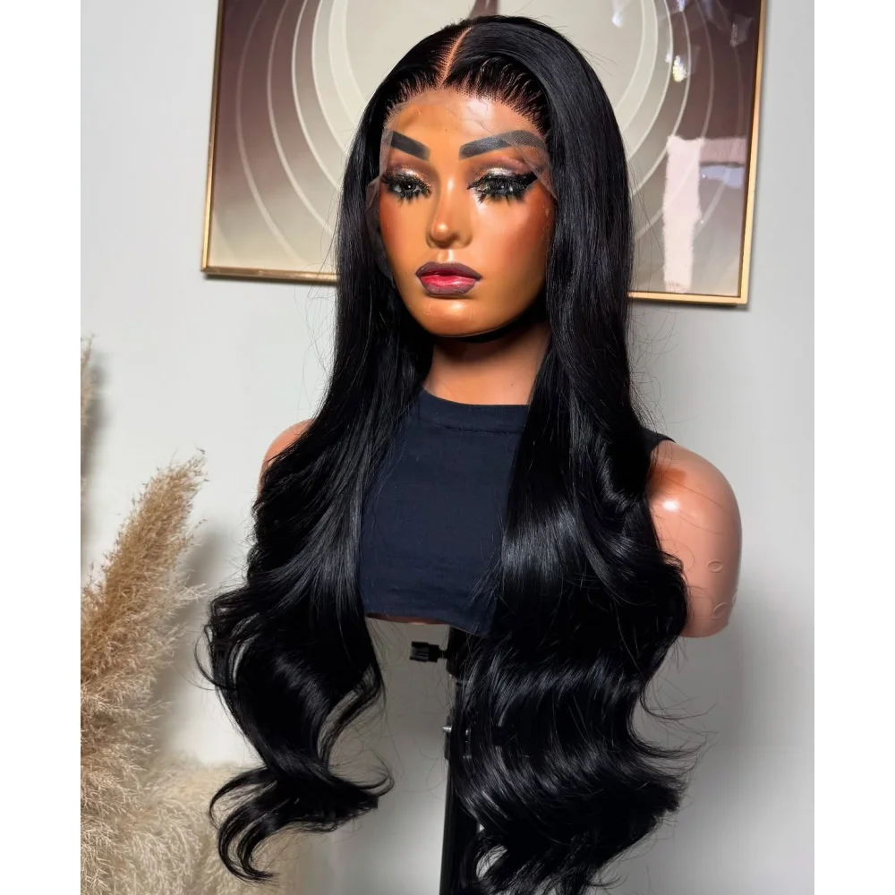 

Натуральный Черный Объемная Волна Мягкий Длинный 26 Дюймов 180 Плотность Бесклеевой Синтетический Парик Фронта Шнурка 13*4*1 Для Женщин Детские Волосы Предварительно Сорванные