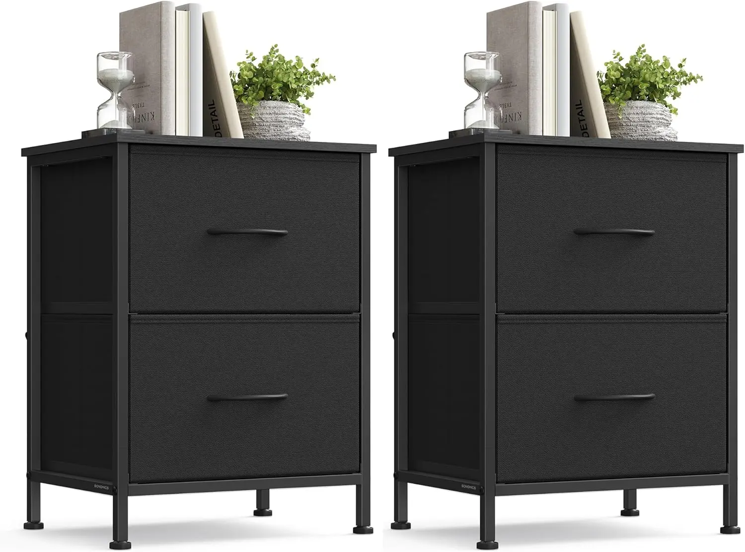 

2 Drawer Nightstand Set for Bedroom, Fabric Storage Organizer with Steel Frame, Ink Black and Ebony Black