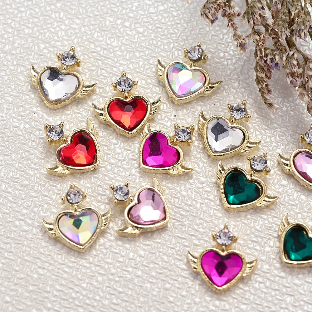 10pcs 3D Heart Nail Charms Luxury Love Heart MagicWings Zircon Colored Nail Diamond Stones Nail Drill Decoration Accessories