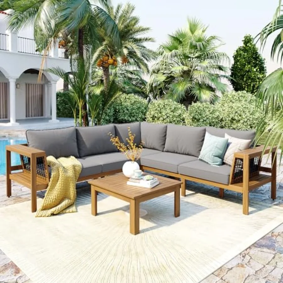 

Merax 4 Pieces Patio Furniture Set, Outdoor L-Shaped Sectional Sofa Set with Coffee Table, Acacia Wood Conversation Seating and