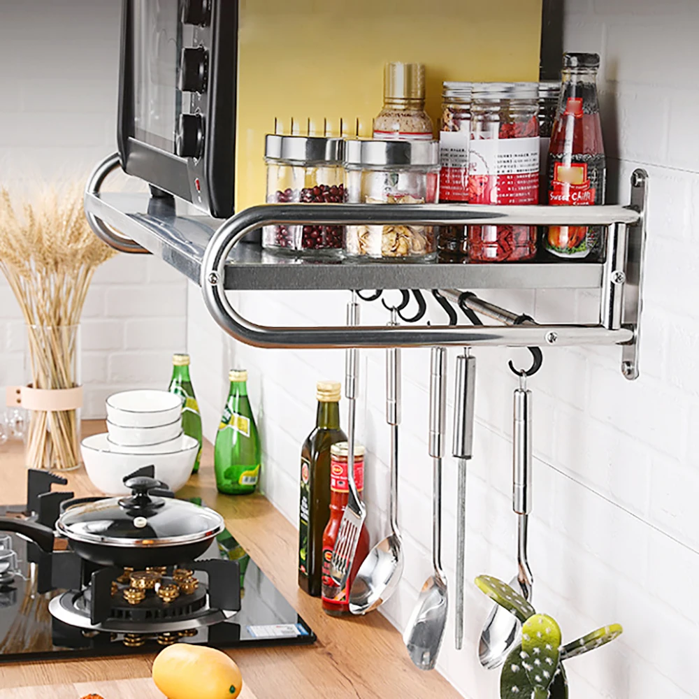 Stainless Steel Microwave Oven Wall Mounted Kitchen Shelf Counter 53 Cm Single Layer P6 Hooks