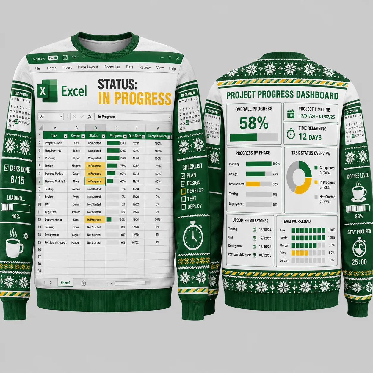 Ugly Christmas Sweater Funny Project Manager Spreadsheet Crewneck Sweatshirt Polyester 3D Print Office Holiday Gift