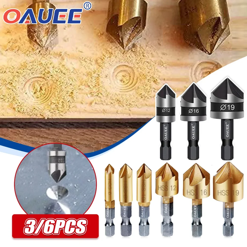 Oauee 6/19mm Counter Sink Drill Bit Set 1/4'' Hex Shank HSS 5 Flute Countersink 90 Degree Wood Chamfered Cutter Chamfer