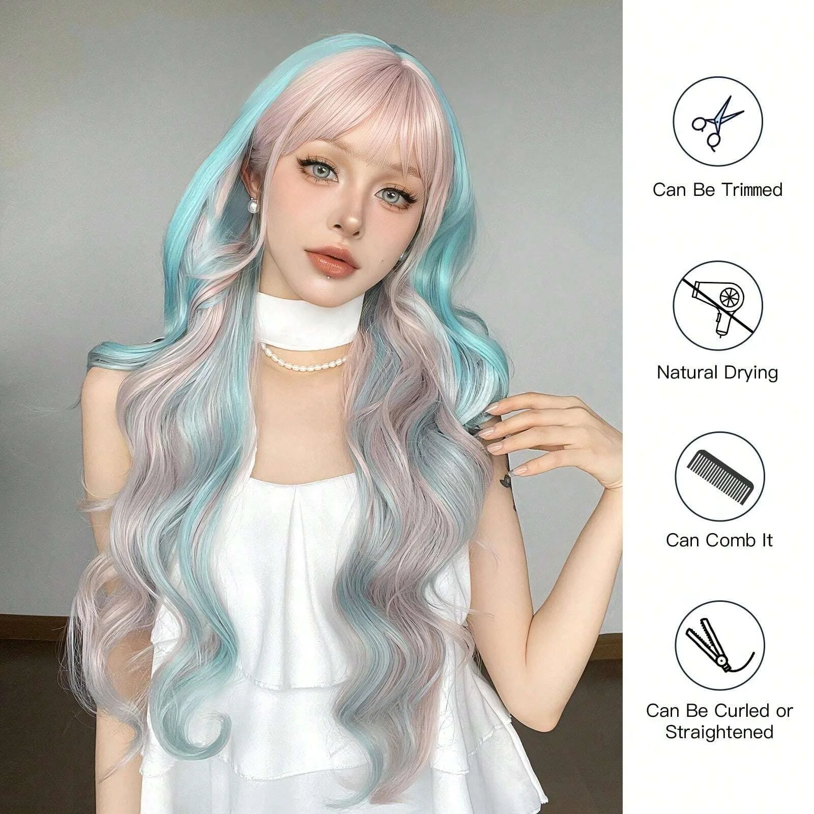 Długie kręcone peruki syntetyczne do cosplay Jasnoróżowy z niebieskim akcentem Peruka Kolorowa peruka kostiumowa Lolita dla kobiet Odporna na ciepło