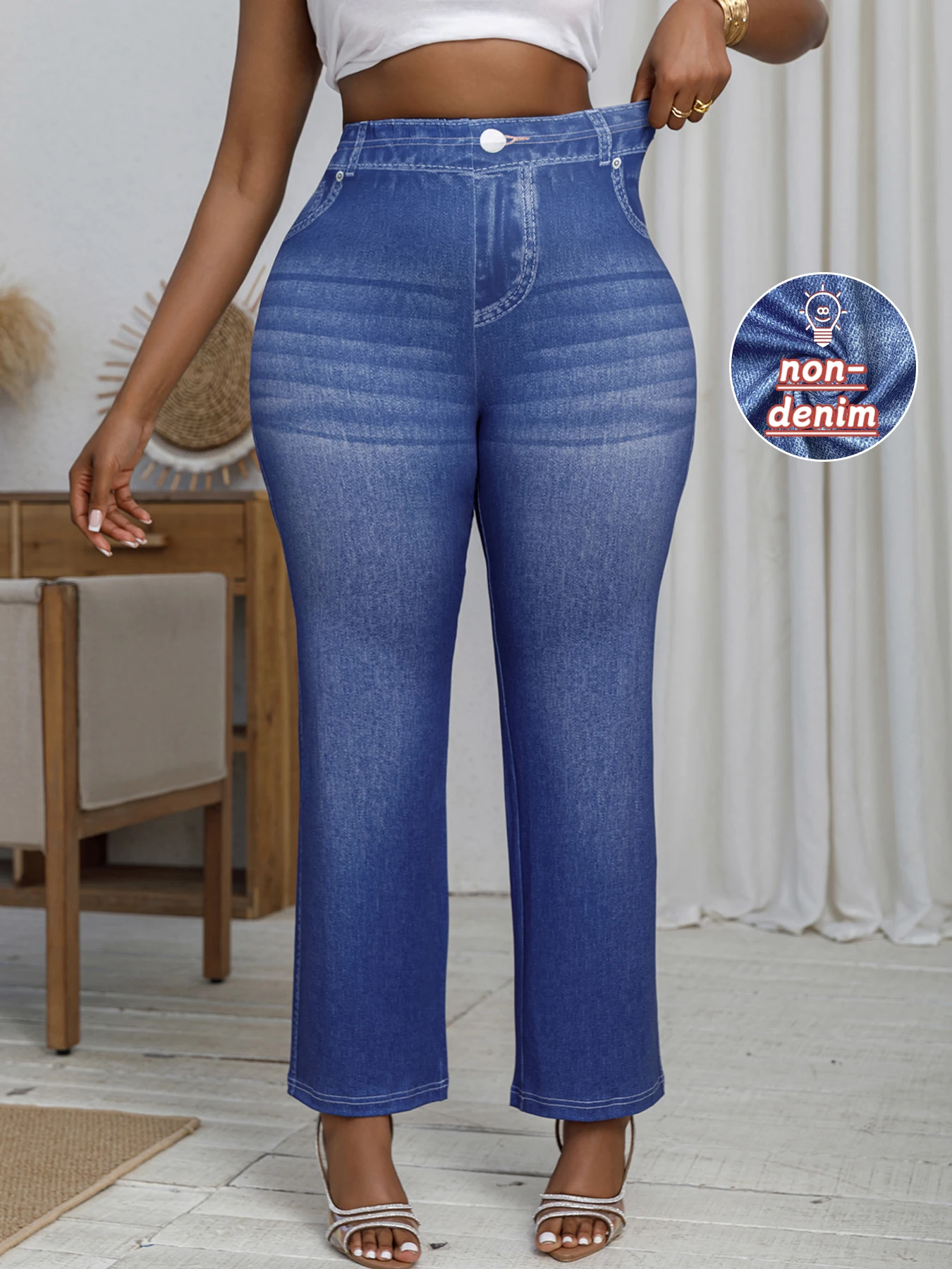 Calça solta de perna larga feminina, estampa jeans de imitação, elástico alto, casual, confortável, retrô, reta, plus size, moda