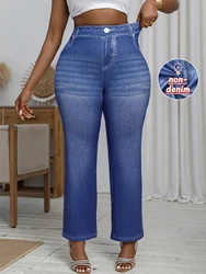 Plus Size Women's Loose Wide-leg Pants Imitation Denim Print Fashion High Elastic Casual Comfortable Retro Straight Pants