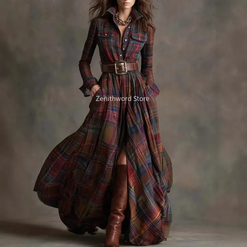 Kariertes Retro-Maxikleid für Damen mit Knopfleiste, Langen Ärmeln, Umlegekragen, Elegantes Streetwear-Herbstkleid mit Taschen