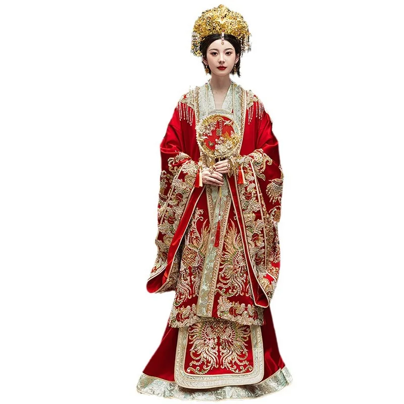 2024 New Wedding Clothes Hanfu Bride Dress Chinese a Chaplet and Robes Full Set of Outdoor