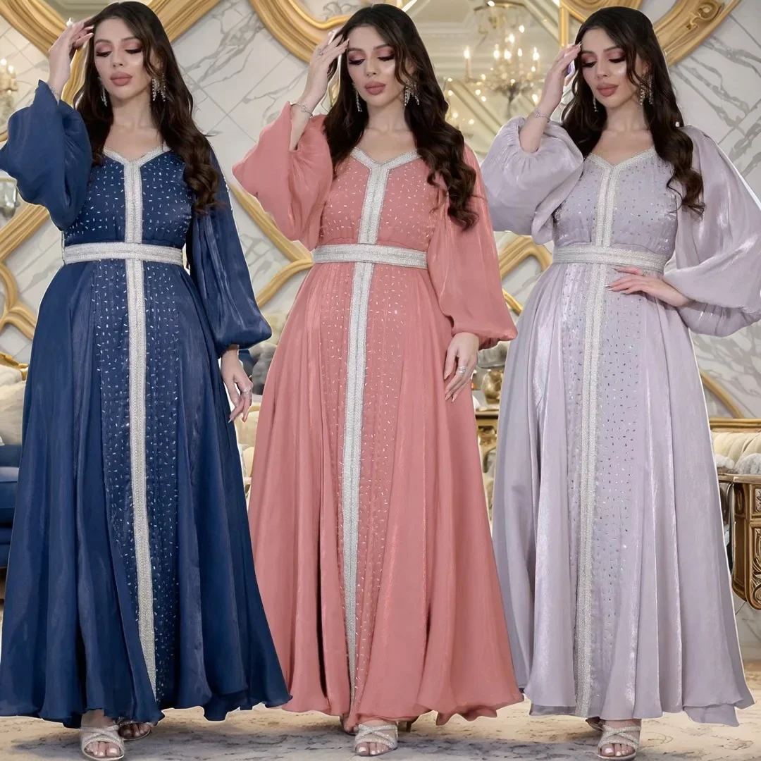 Diamond Abaya Arabic Long Dress Muslim Moroccan Kaftan Robe Gulf Jalabiya Abayas for Women Dubai Luxury Islam Turkey Ramadan Eid