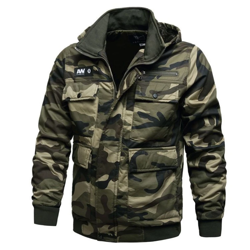 Tactical Camouflage Set Men Thickened Wear-resistant Hooded Jacket+Cotton Fleece Warm Straight-leg Pant Winter Outdoor Work Suit