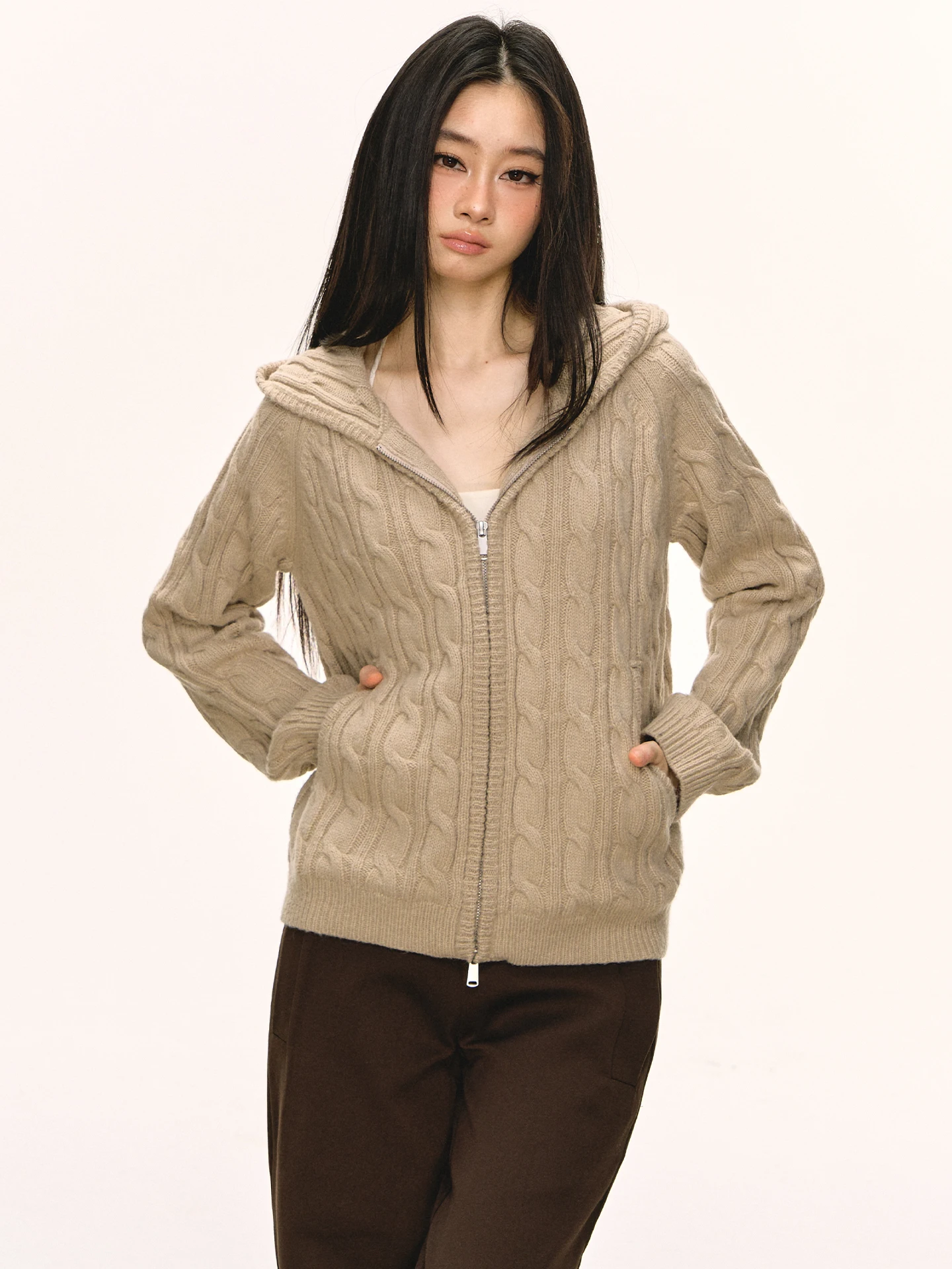 

Anna Aneae Women's Woolen Knitted Sweater Coat with Zipper And Hood Autumn Winter Slim Fit ort Top Open Cardigan Sle