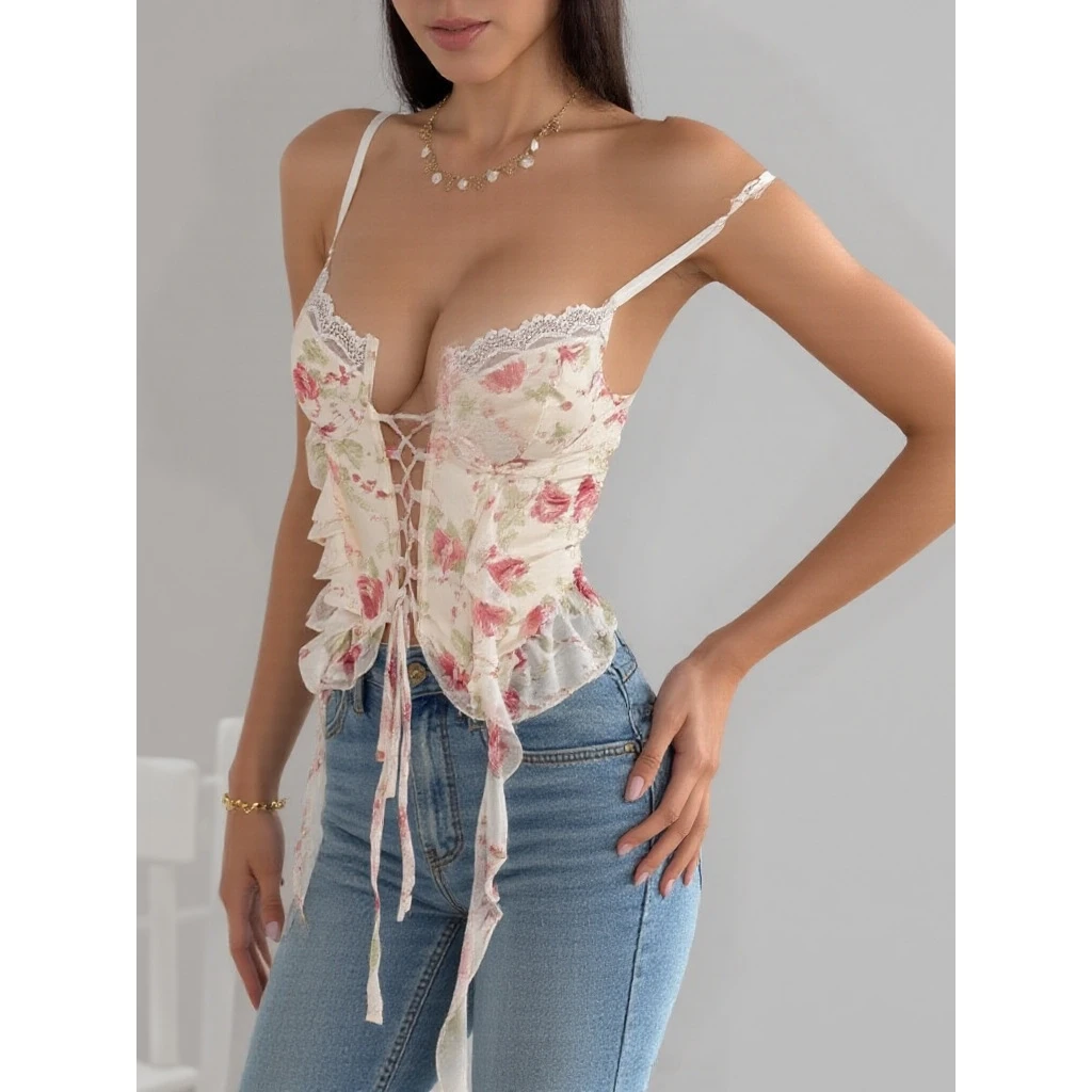 Crossed Fishbone Strap Floral Wrap Chest Women's Slimming Sexy Summer  Sweet Floral Patterned Small Strapless Bralette